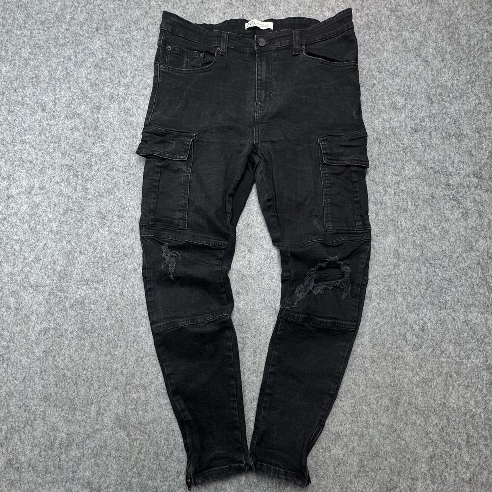 Zara Jeans Mens 36x27 Black Skinny Cargo Distressed Ankle Zip Denim